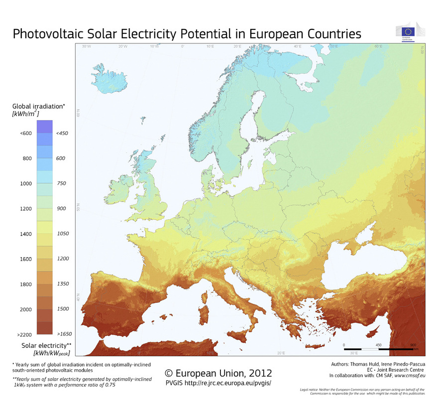 In Deutschland beträgt das Mittel der Globalstrahlung 133,67 W/m² oder 1171 kWh/m² als jährliche Gesamtsumme (Stand 2020). In Spanien durchschnittlich bei 230 W/m².