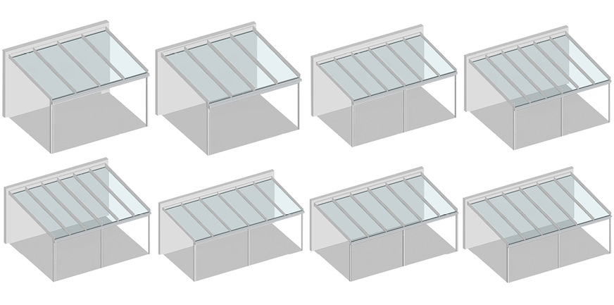 Das neue Fixdach – lieferbar in zwölf Farbtönen und acht Größen von 4 × 3 m (oben links) bis 6 × 4 m (unten rechts).