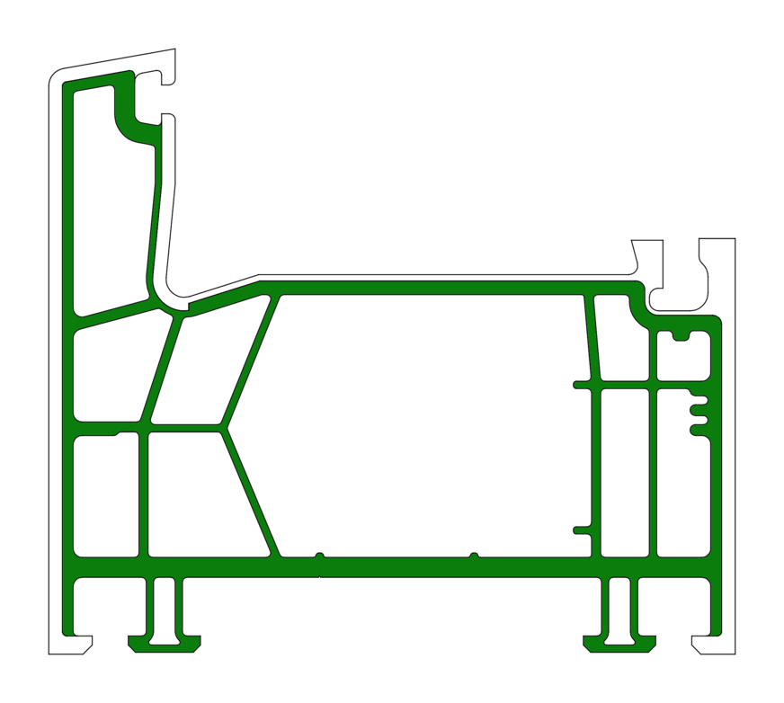 Der Blendrahmenquerschnitt des Kömmerling-Profils in 76. In Grün zu sehen sind die Volumenanteile, die in Coextrusion aus Recyclat-PVC hergestellt werden.