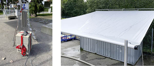 Die Wind- und Wasserprüfungen für das Twister-Segel wurden nach den Prüfnormen DIN EN 1932 und 1933 ausgeführt. Für die Gewichtsbelastung beim Windtest wurden Betonplatten mit einer Auslösereinheit aus dem Segelflug eingesetzt. - © Fotos: Olaf Vögele
 Die Wind- und Wasserprüfungen für das Twister-Segel wurden nach den Prüfnormen DIN EN 1932 und 1933 ausgeführt. Für die Gewichtsbelastung beim Windtest wurden Betonplatten mit einer Auslösereinheit aus dem Segelflug eingesetzt.