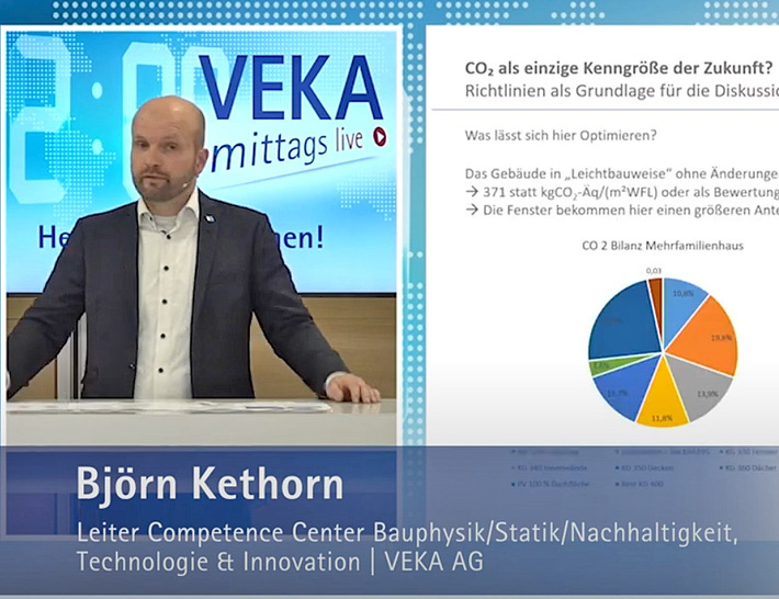 Björn Kethorn, Leiter des Competence Centers Bauphysik/Statik/Nachhaltigkeit bei Veka AG: „Für größere Objekte mit mehr als 1.000 m² Nutzfläche gilt die EPBD schon ab 2028, für alle anderen Gebäude ab 2030.“ - © Screenshot aus Veka-Video