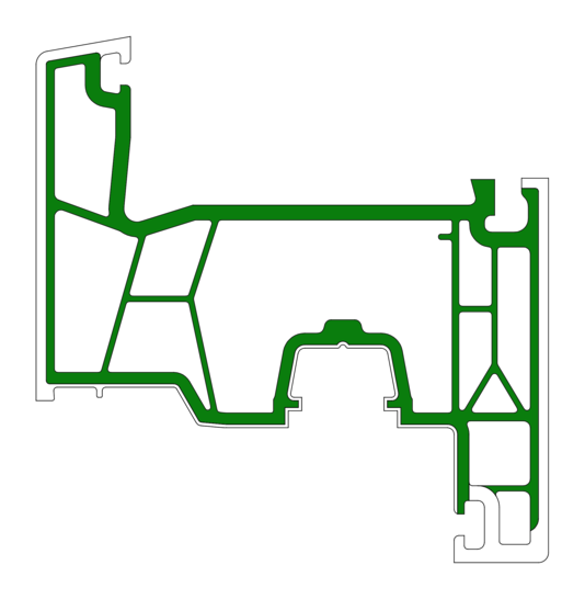 Der Flügelquerschnitt des Kömmerling-Profils in 76 mm. In Grün zu sehen sind die Volumenanteile, die aus Recyclat-PVC extrudiert werden.  - © Kömmerling